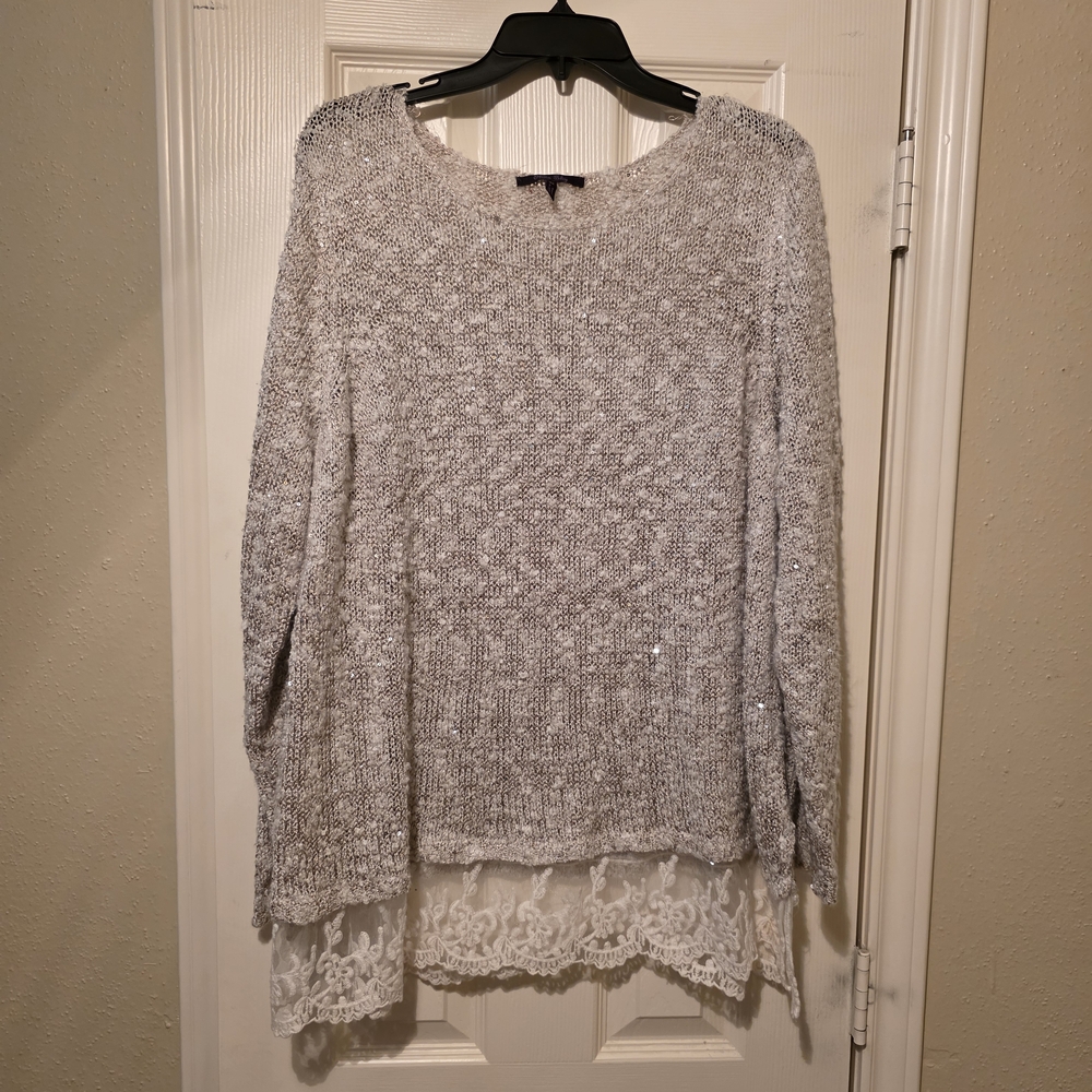 Gray And Tan Knit Sweater with Lace Hem